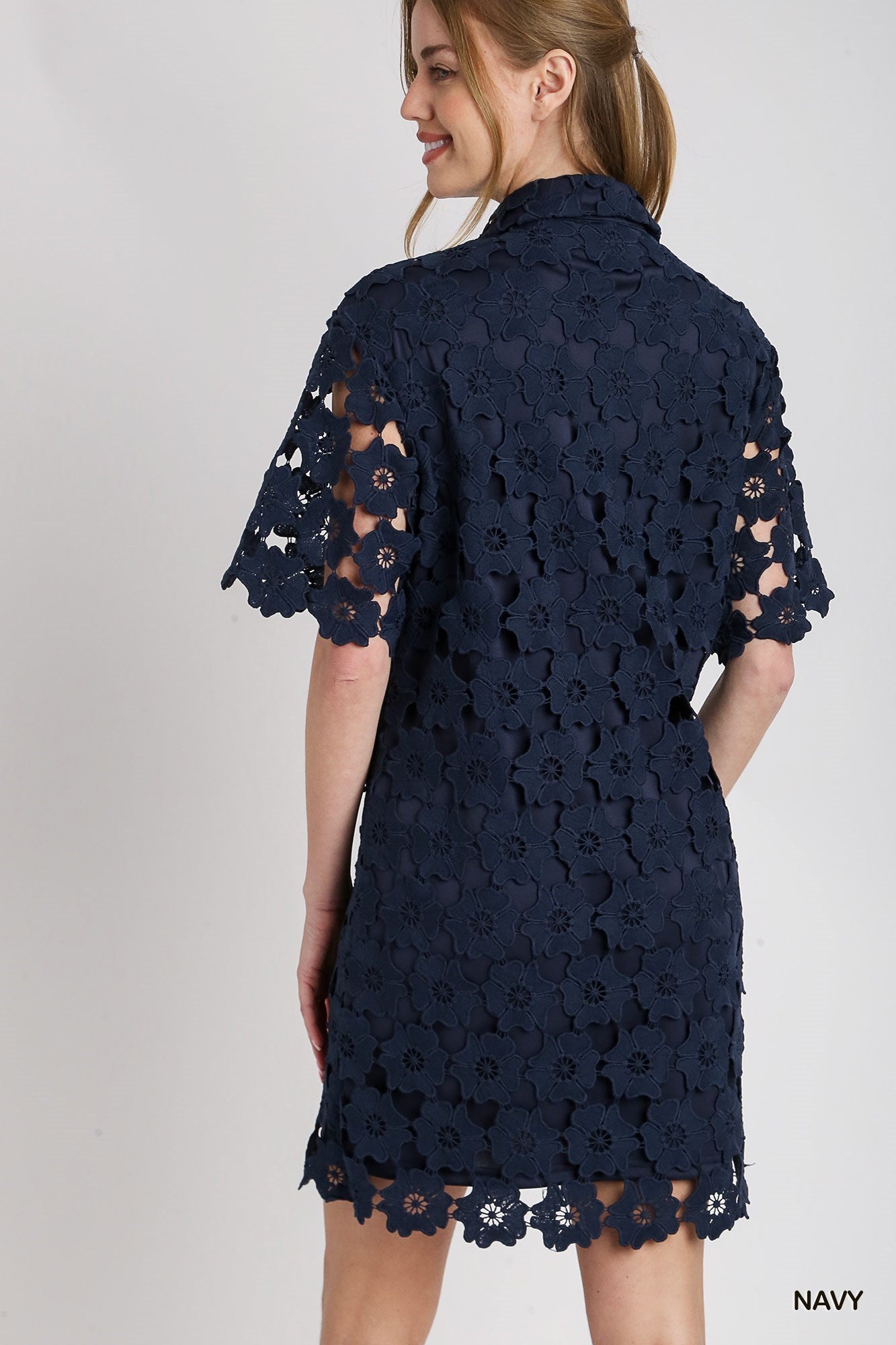 FLORAL LACE BUTTON DOWN COLLARED DRESS - NAVY