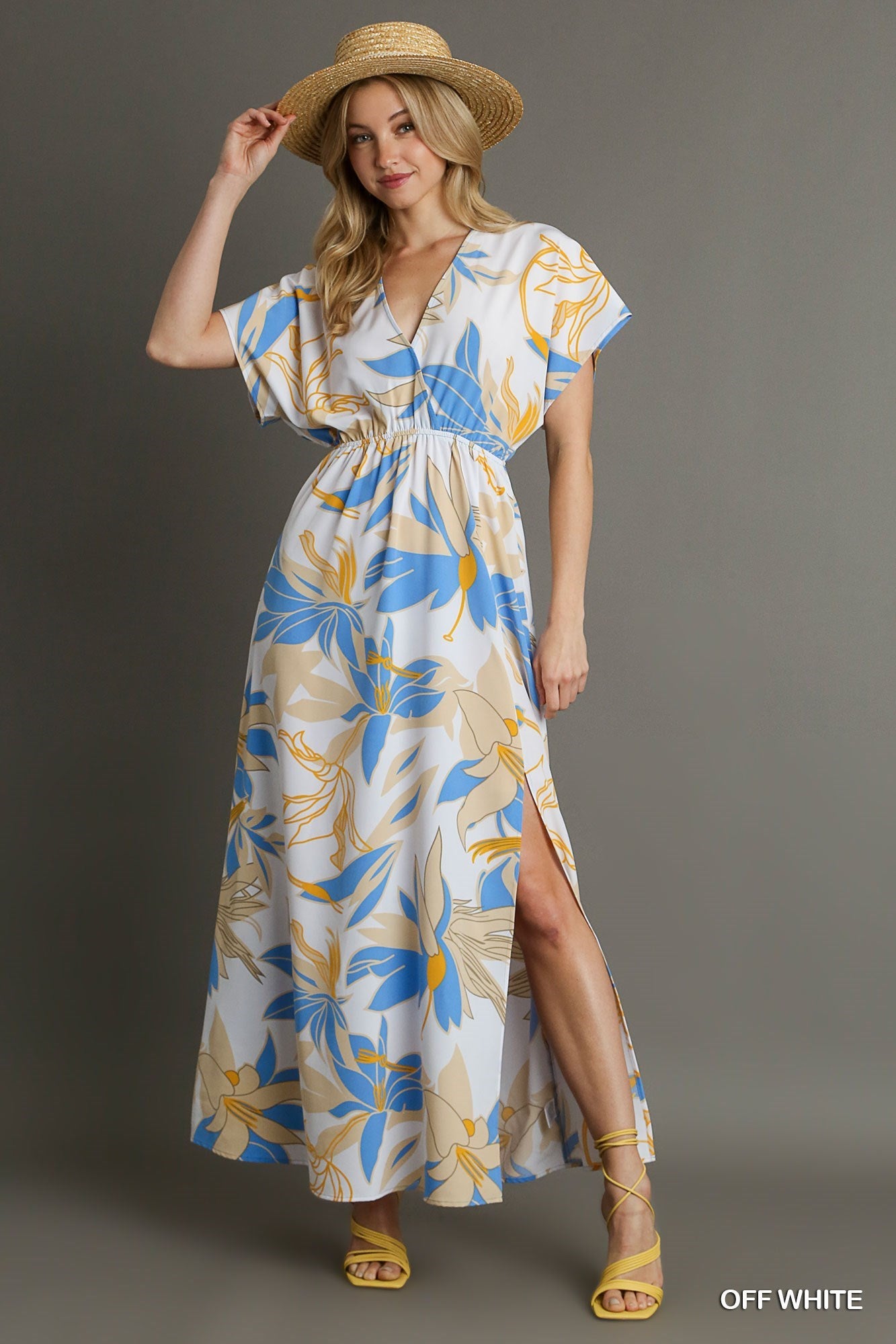 FLORAL A-LINE MAXI DRESS WITH SIDE SLIT - OFF WHITE
