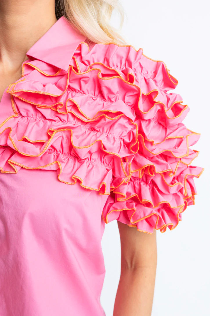 RUFFLE BUTTON UP TOP - PINK