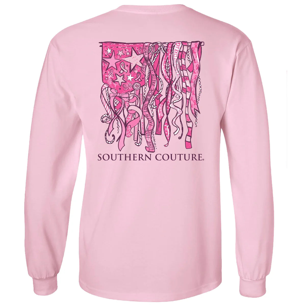 BREAST CANCER RIBBON FLAG LS TEE - LIGHT PINK