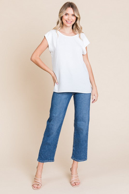 U-NECK BACK BUTTON CLOSURE TOP W/ SLAY SLEEVES - OFF WHITE