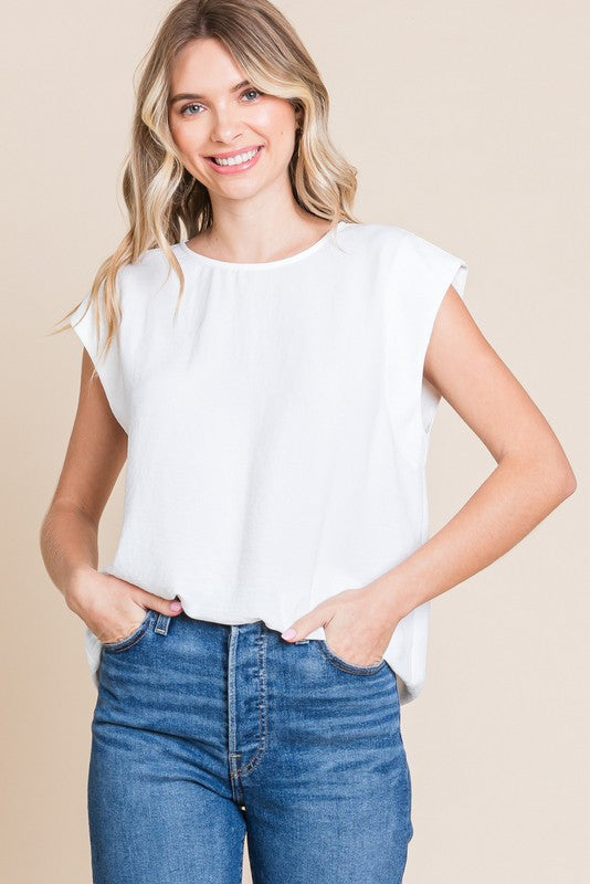 U-NECK BACK BUTTON CLOSURE TOP W/ SLAY SLEEVES - OFF WHITE