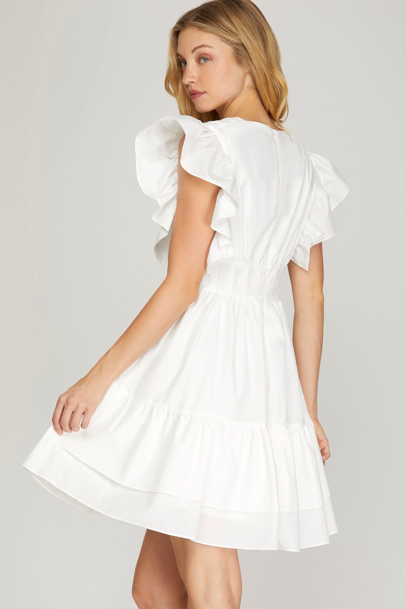 RUFFLED SHOULDER PLEATED VNECK WAIST TIERED DRESS - WHITE