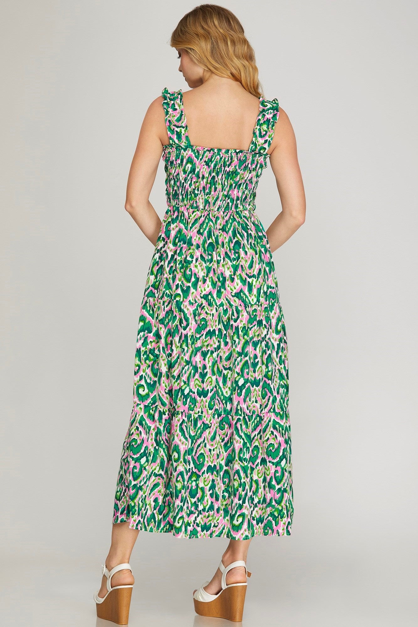 SMOCKED TIERED MAXI DRESS WITH RUFFLE STRAP - GREEN