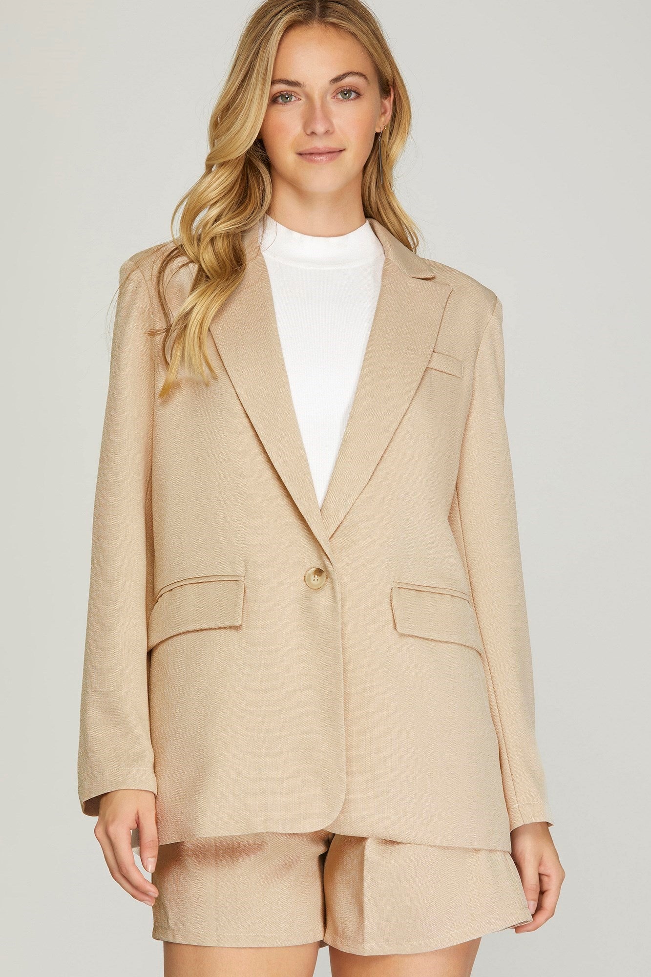 SINGLE BREASTED WOVEN BLAZER WITH POCKETS - LITE TAUPE