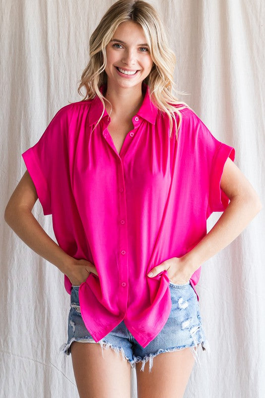 COLLARED BUTTON UP TOP - HOT PINK