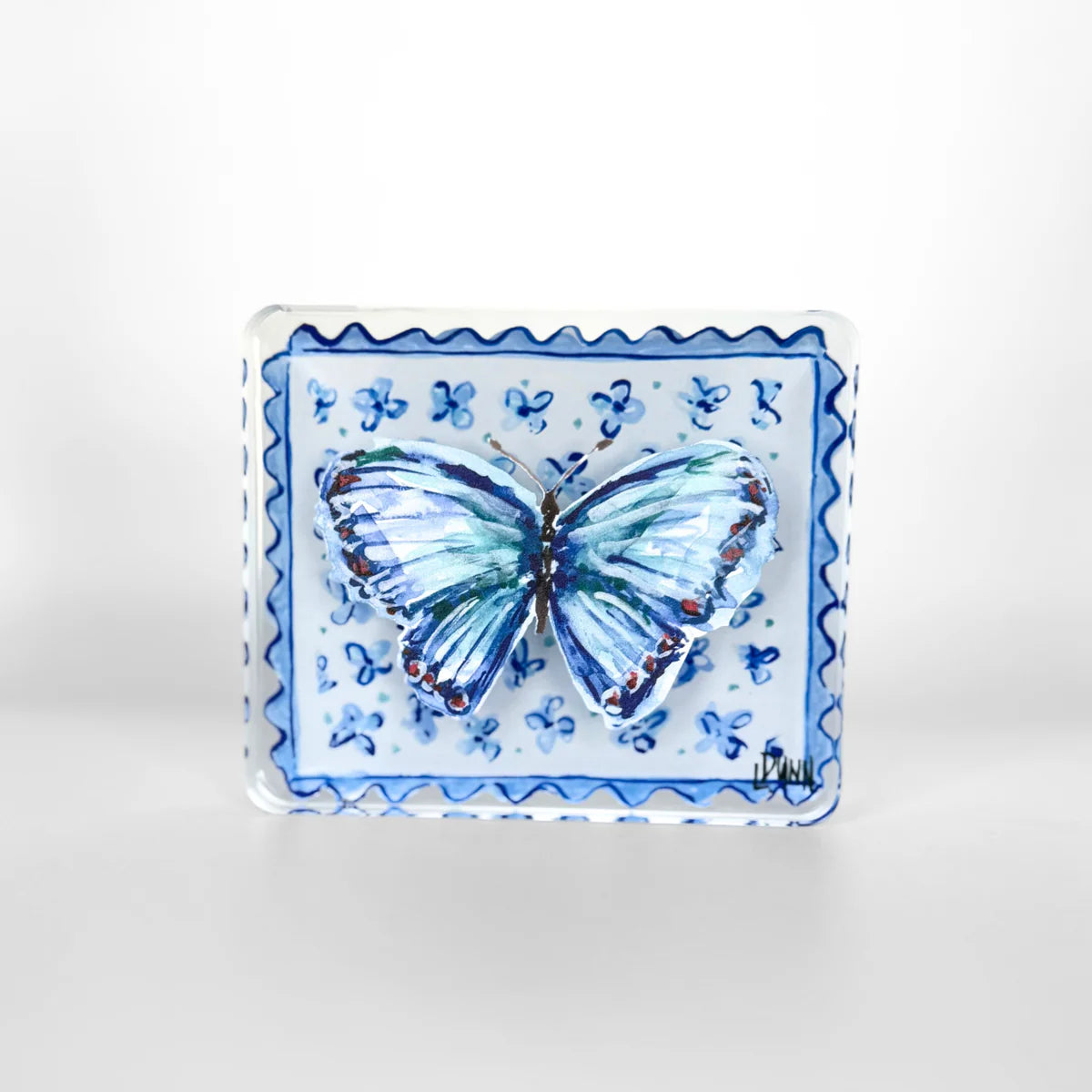 BLUE BUTTERFLY ON FLORAL BLOCK SMALL