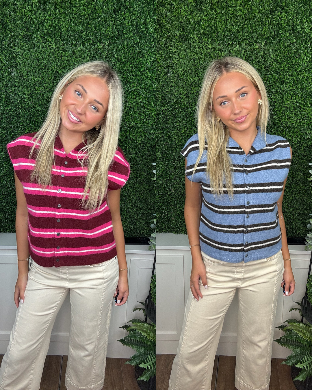 STRIPED BUTTON FRONT KNIT TOP - BLUE/BURGUNDY