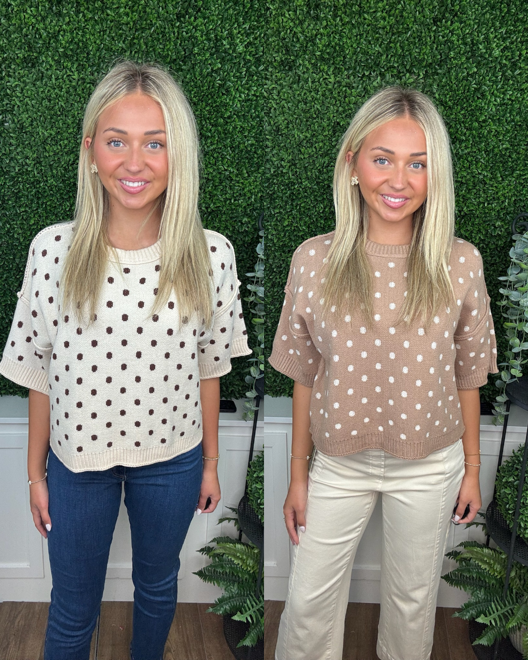 POLKA DOT KNIT TOP - CAMEL/ECRU