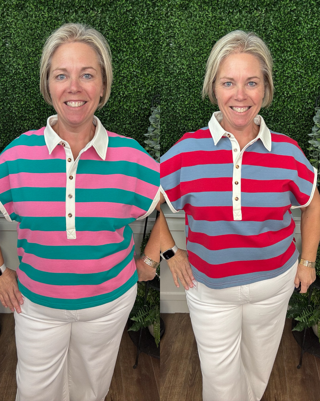 Striped Polo Knit Top with Contrast Collar