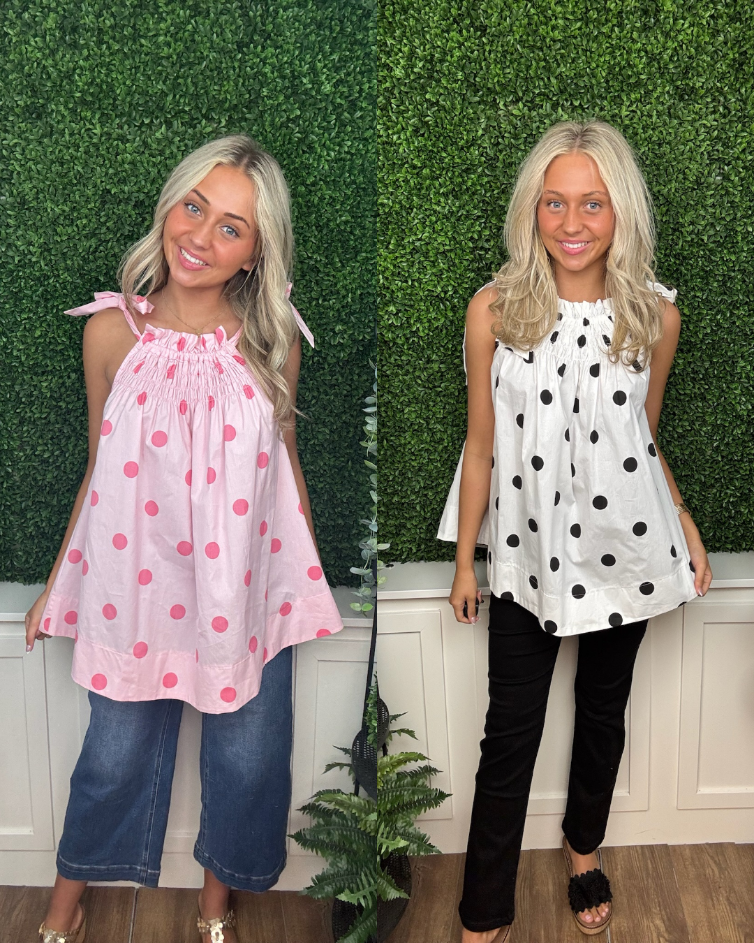 Sweet Dot Smocked Tie-Shoulder Top
