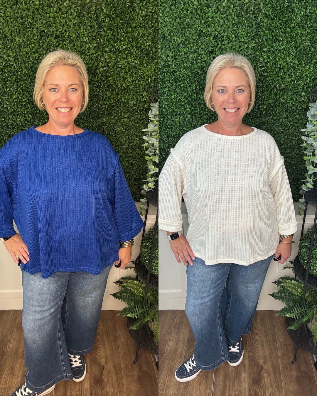 3/4 FOLDED SLEEVE KNIT TOP - OFF WHITE/ R. BLUE