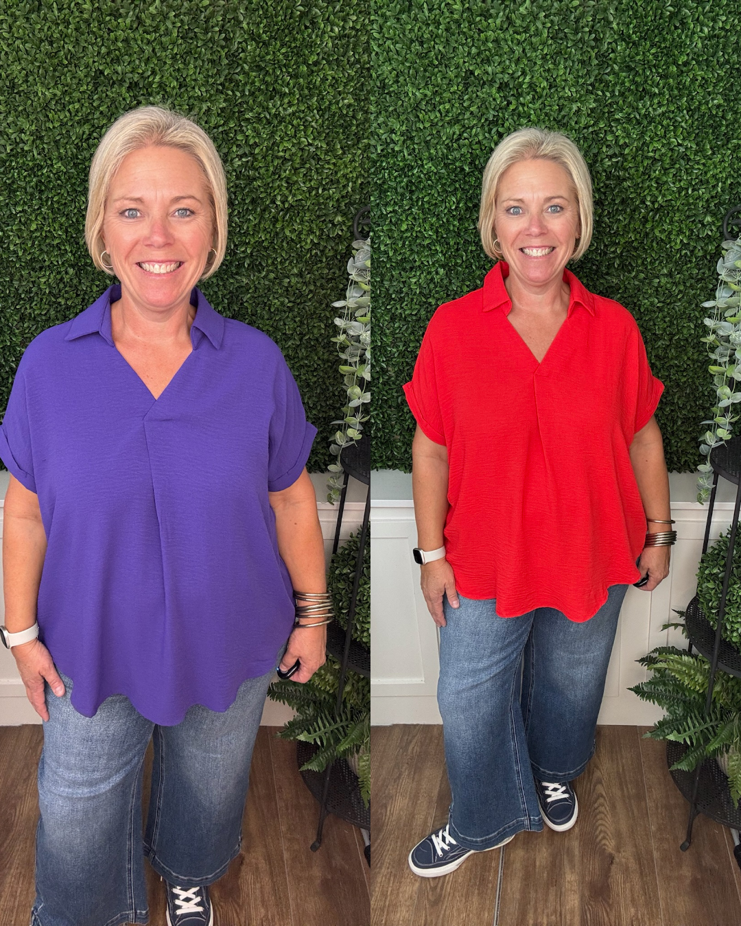 GAME DAY - DROP SHOULDER COLLARED WOVEN TOP - RED/TRUE PURPLE