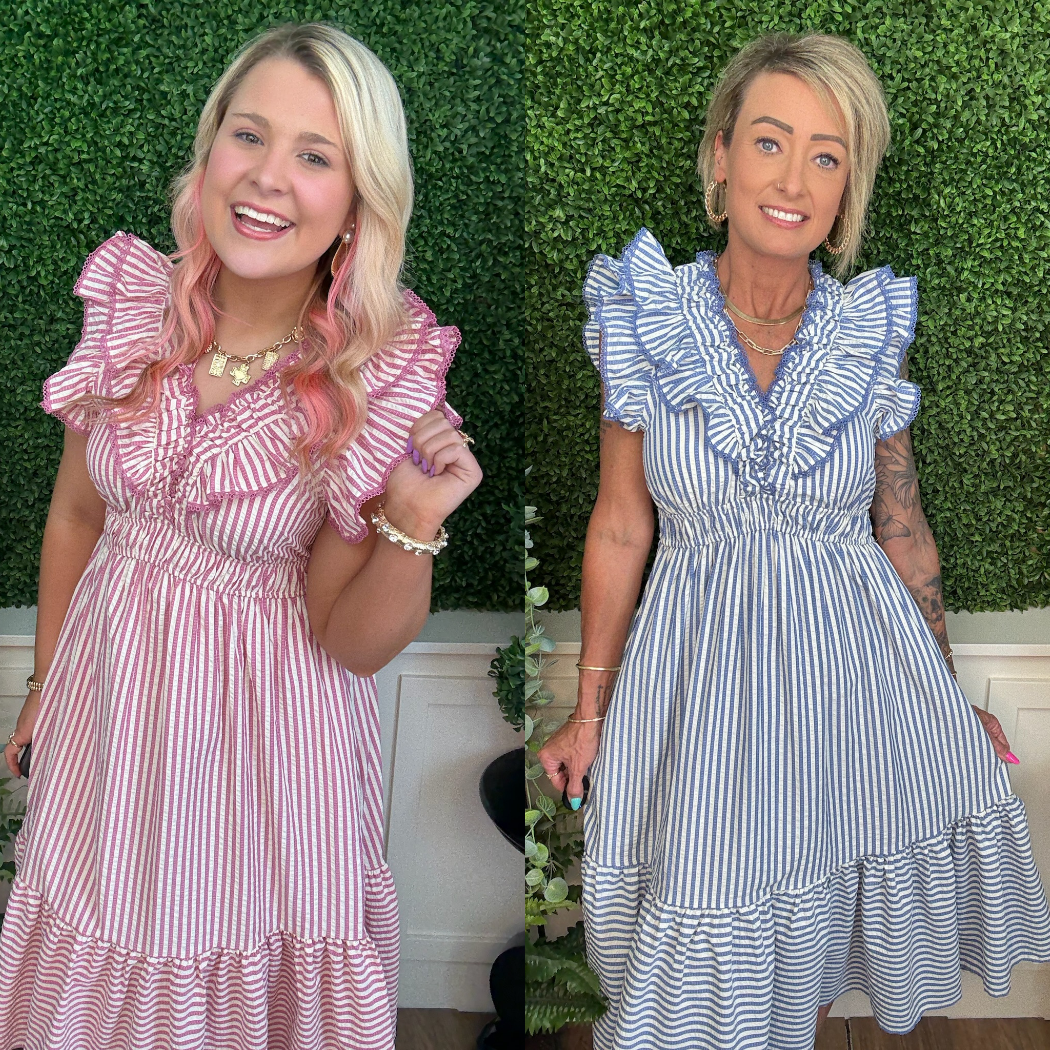 RUFFLE TRIMMED STRIPED MIDI DRESS