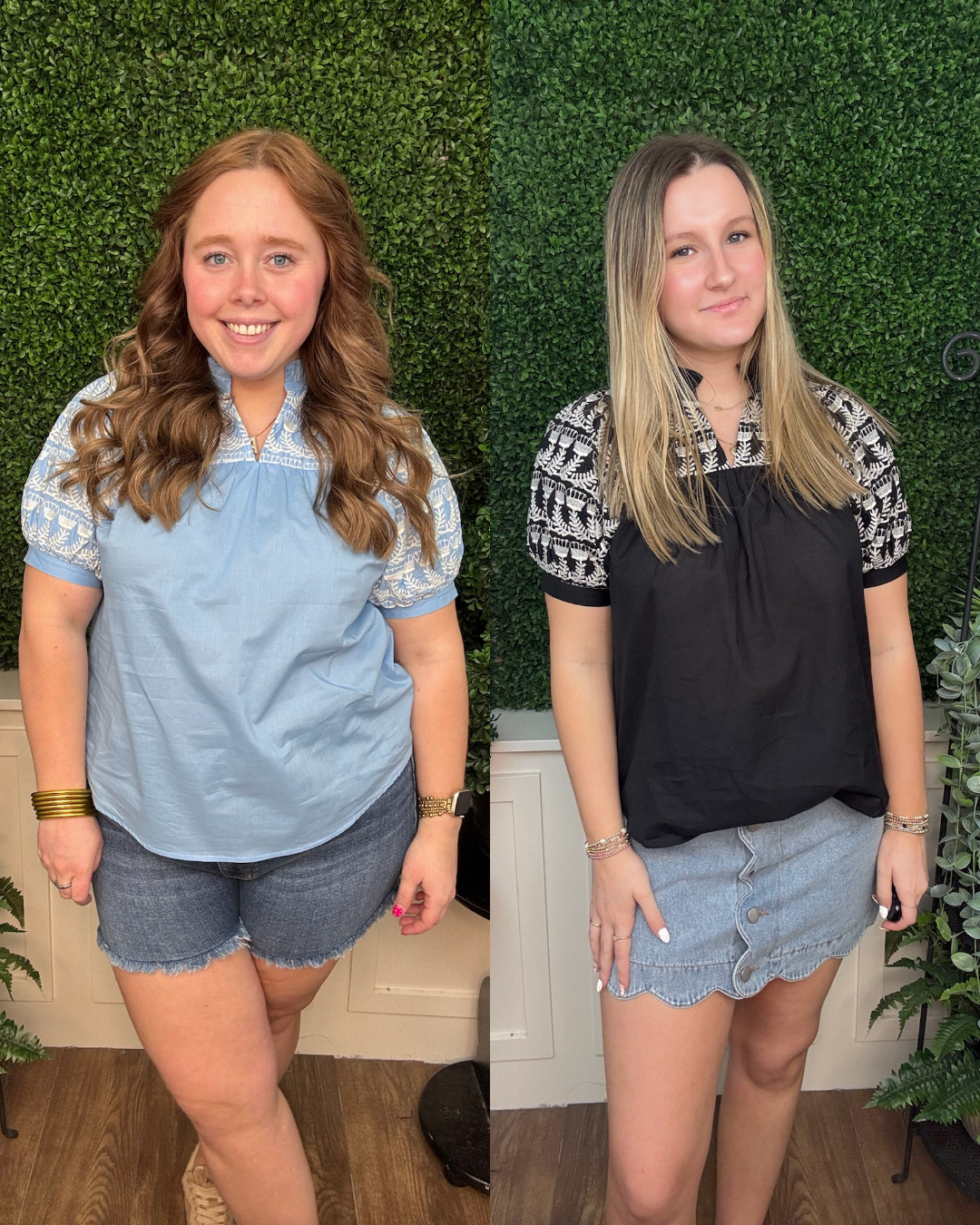 Embroidered Yoke Puff Sleeve Blouse