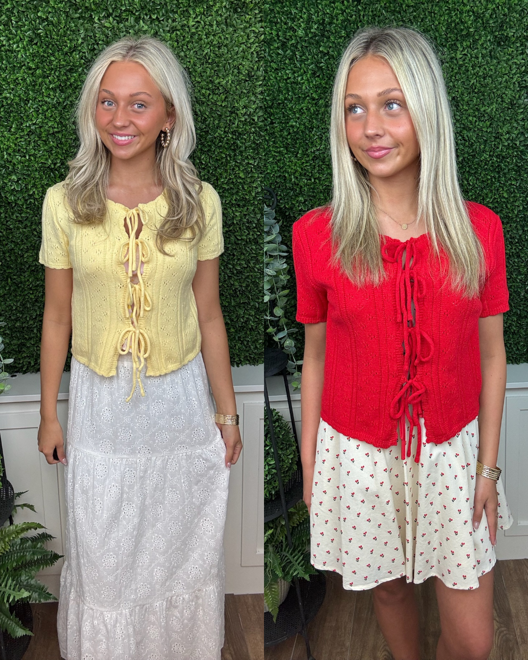 SCALLOPED TIE FRONT POINTELLE KNIT TOP