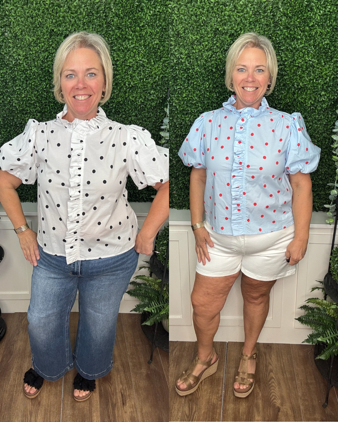 Polka Dot Ruffle Front Blouse