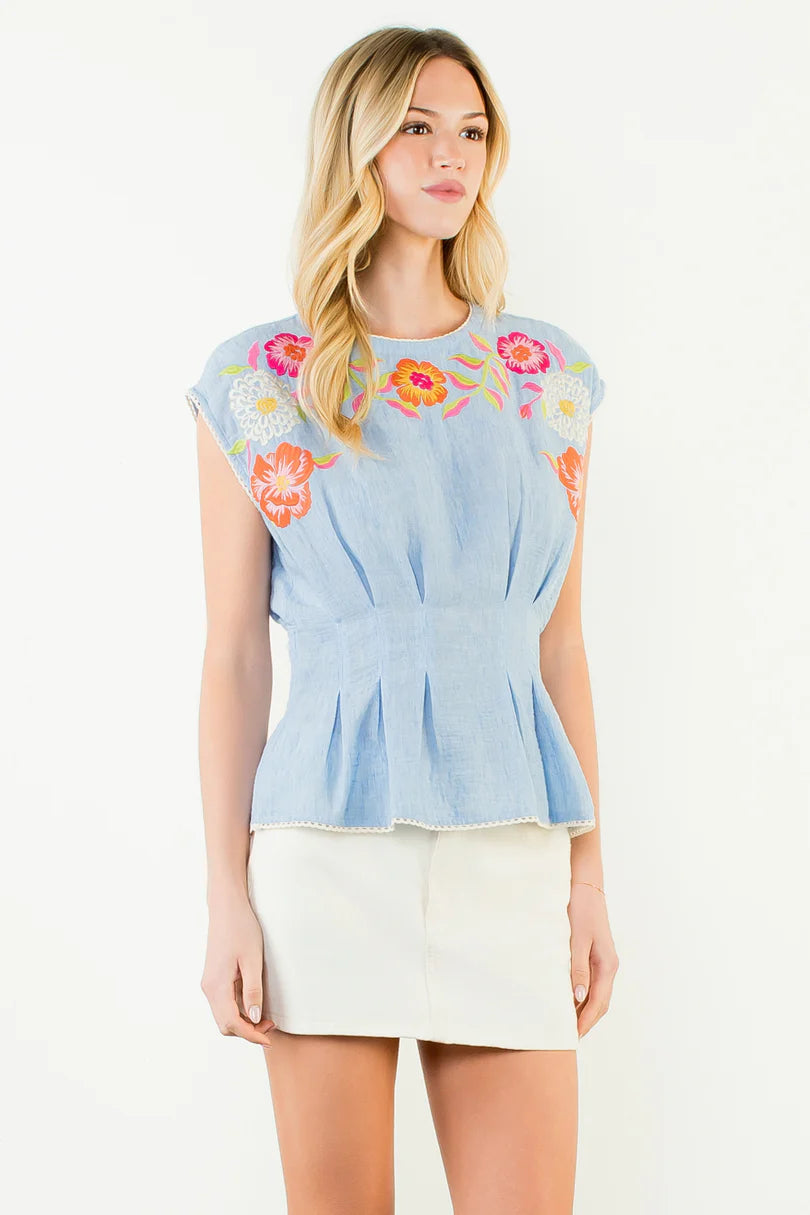 BLUE EMBROIDERED FLORAL BLOUSE