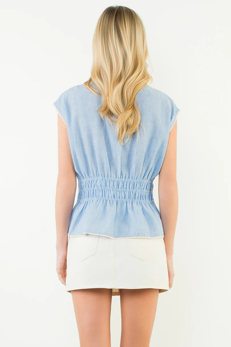 BLUE EMBROIDERED FLORAL BLOUSE