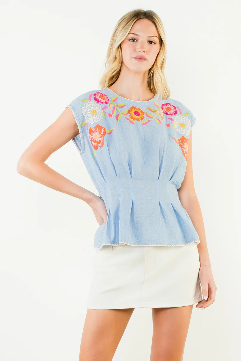 BLUE EMBROIDERED FLORAL BLOUSE