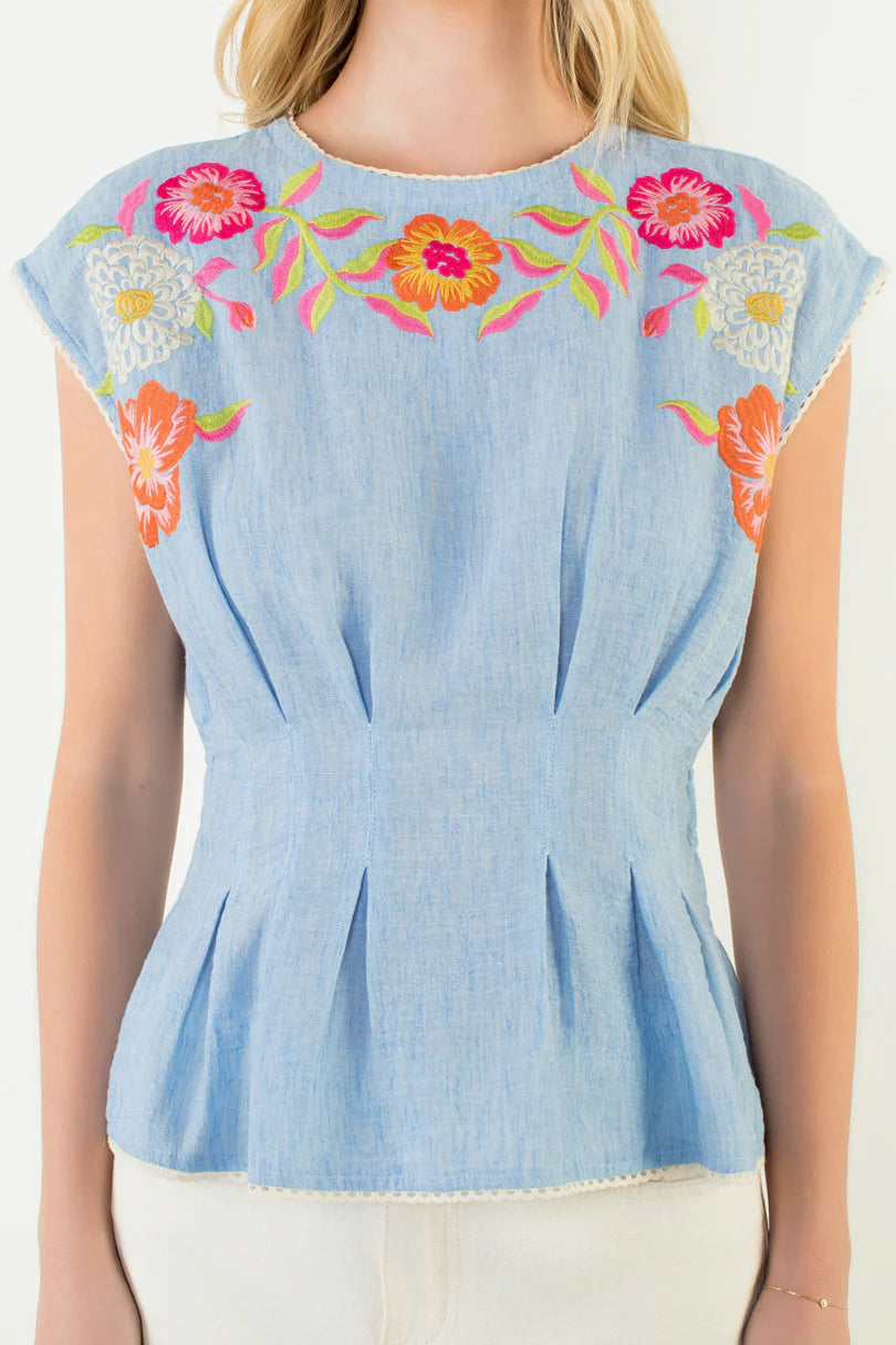 BLUE EMBROIDERED FLORAL BLOUSE