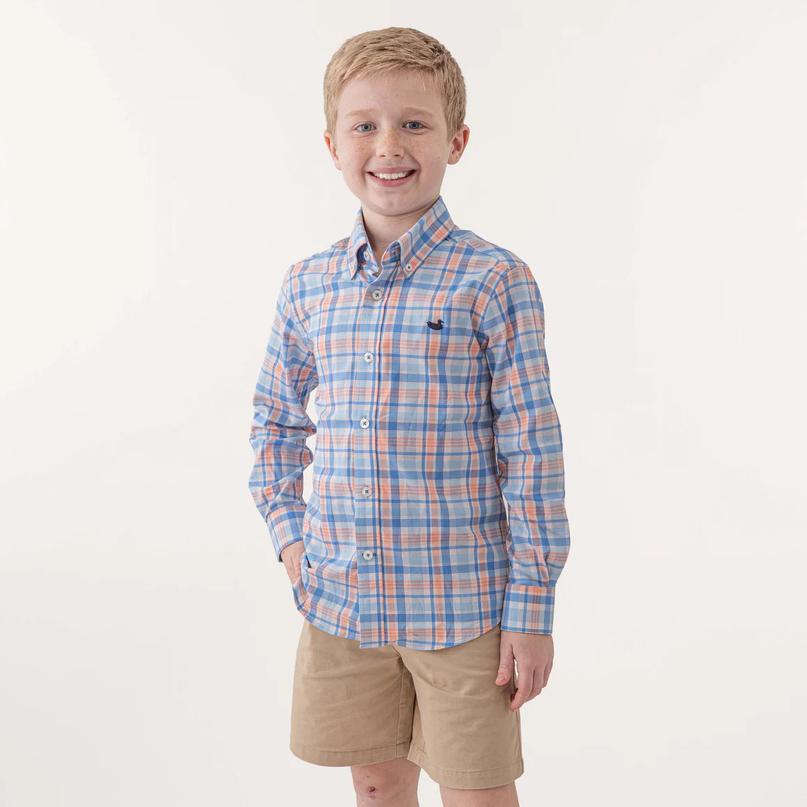 YOUTH FRANKLIN PLAID PERFORMANCE DRESS SHIRT - ROYAL & ORANGE