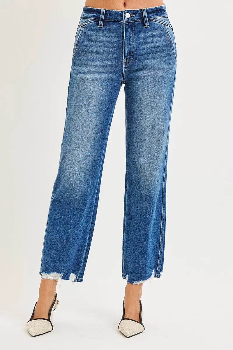 High Rise Ankle Straight Distressed Hem Detail - Dark