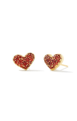 ARI PAVE CRYSTAL HEART EARRINGS - GOLD RED CRYSTAL