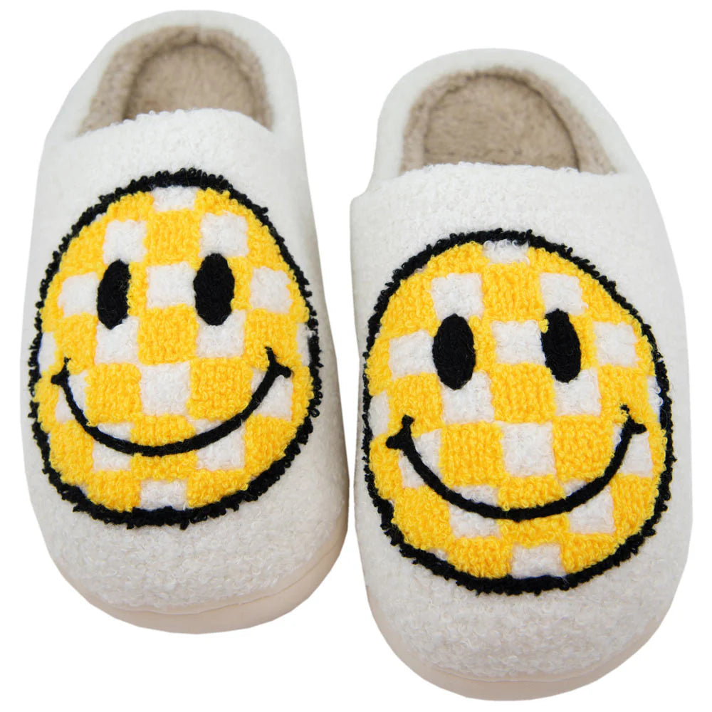 YELLOW CHECKERED HAPPY FACE SLIPPERS - WHITE