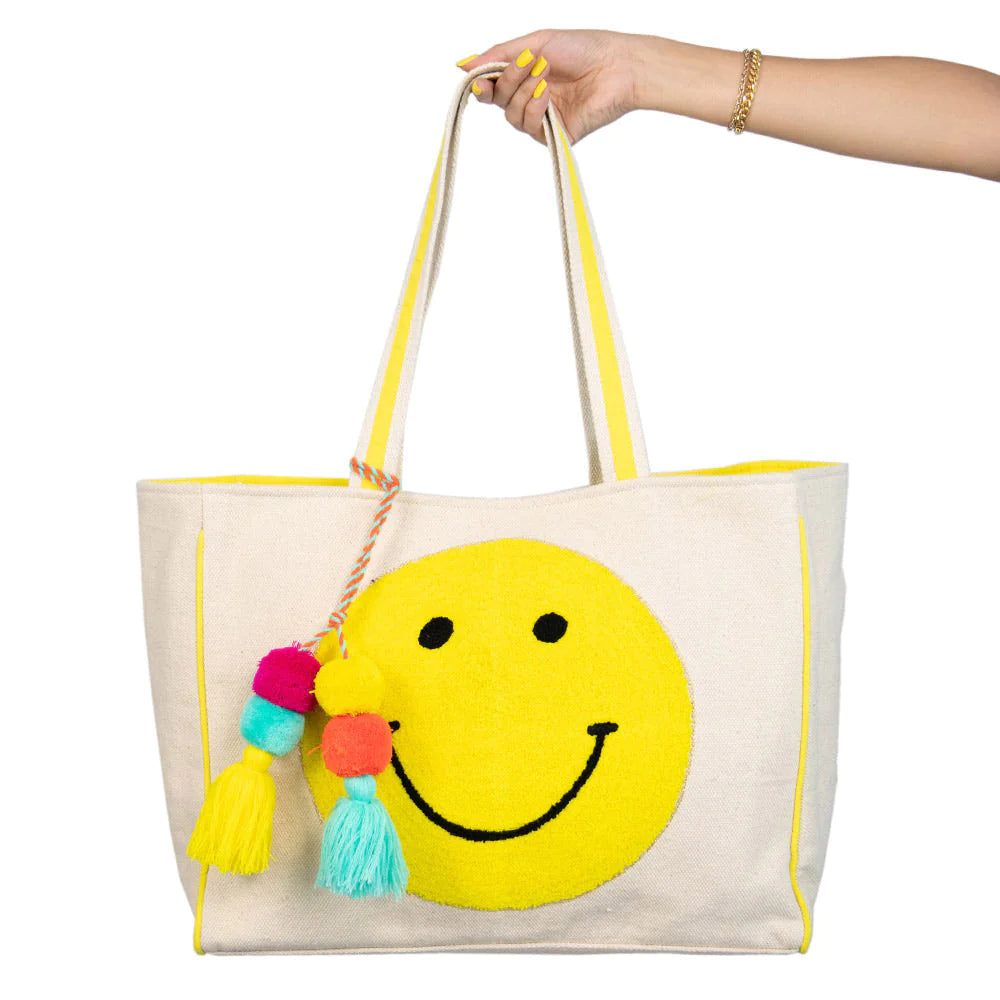 HAPPY FACE CHENILLE PATCH CANVAS TOTE BAG