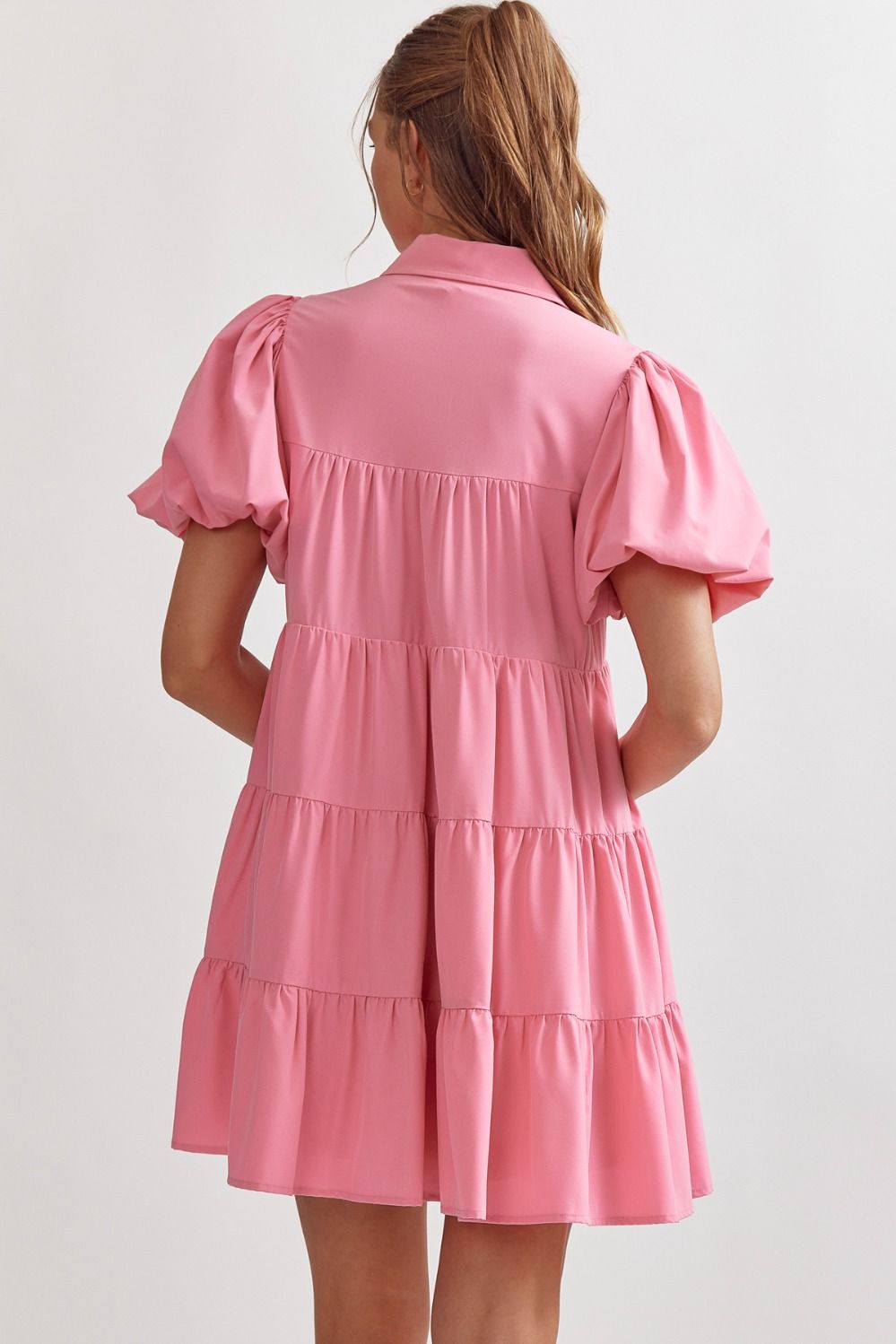 SOLID BUTTON UP TIERED MINI DRESS FEAT. PUFF SLEEVES - PINK