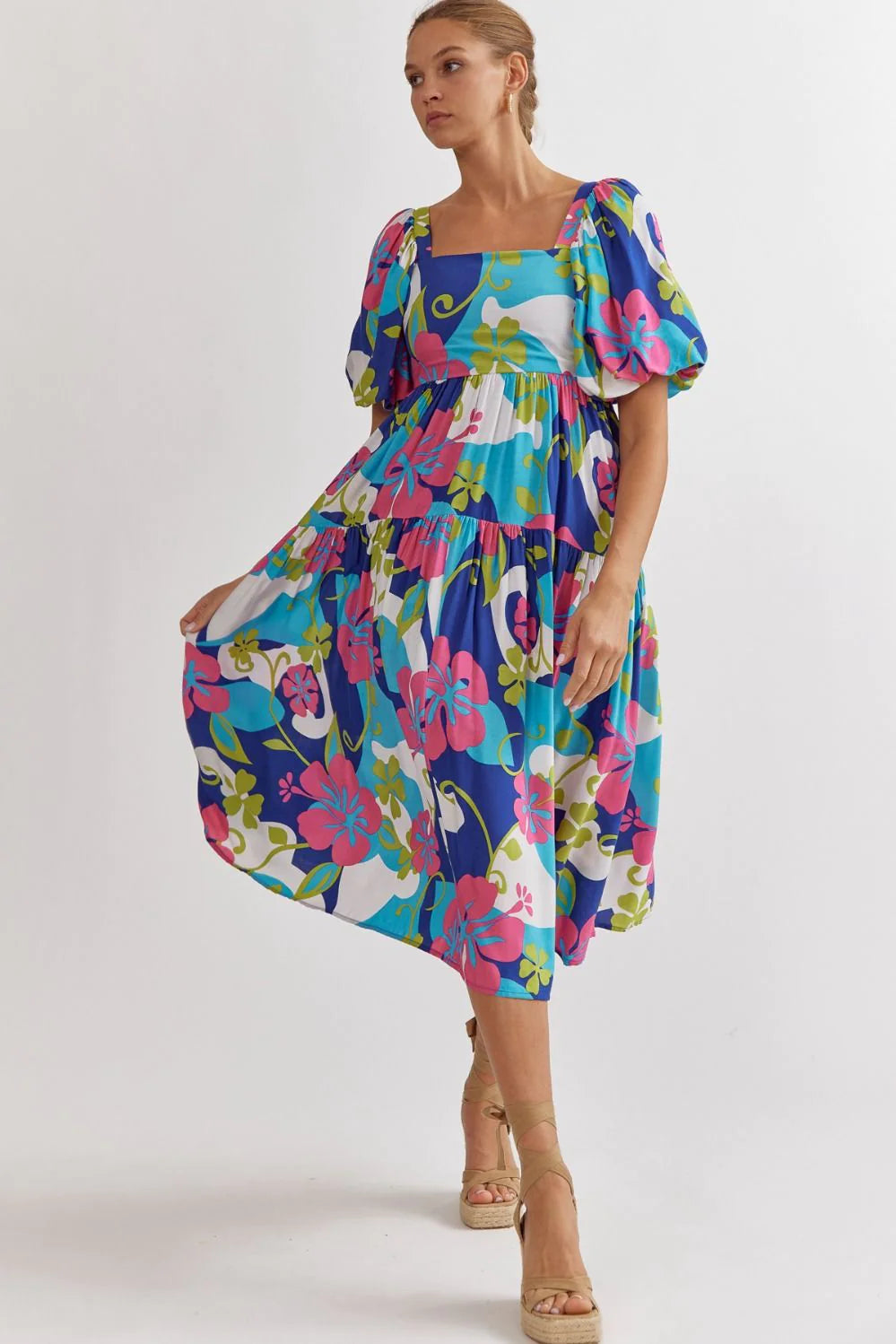 FLORAL PRINT SQUARE NECK MIDI DRESS W/PUFF SLEEVES - ROYAL COMBO