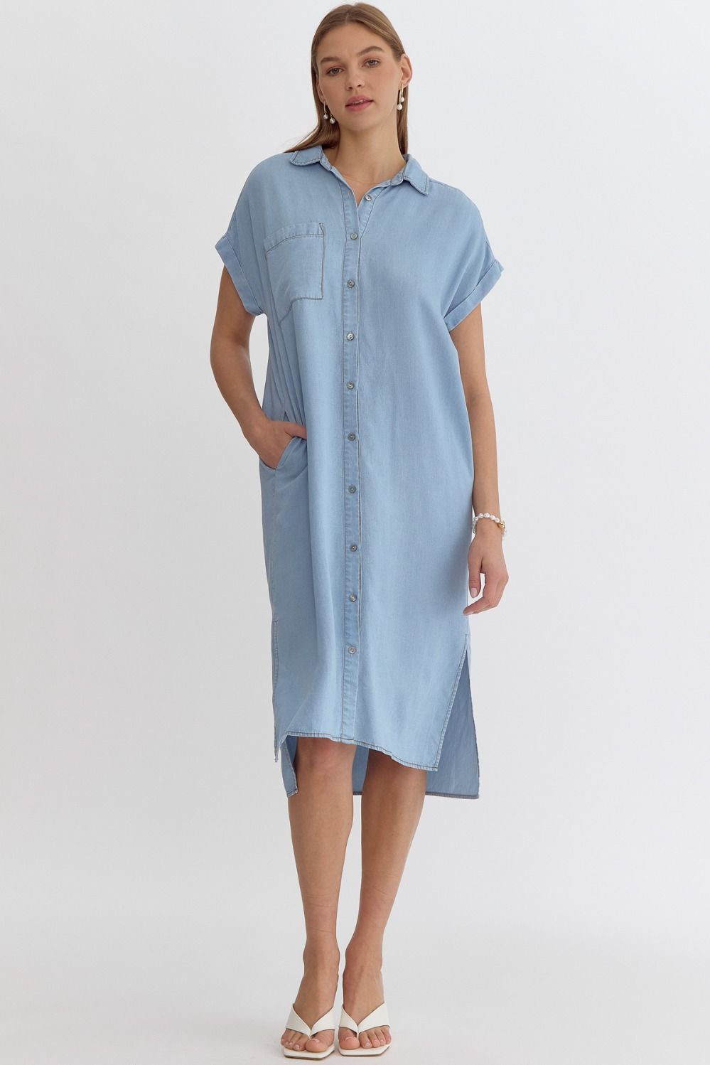 COLLARED BUTTON-UP MIDI DRESS W/ SIDE SLITS - DENIM