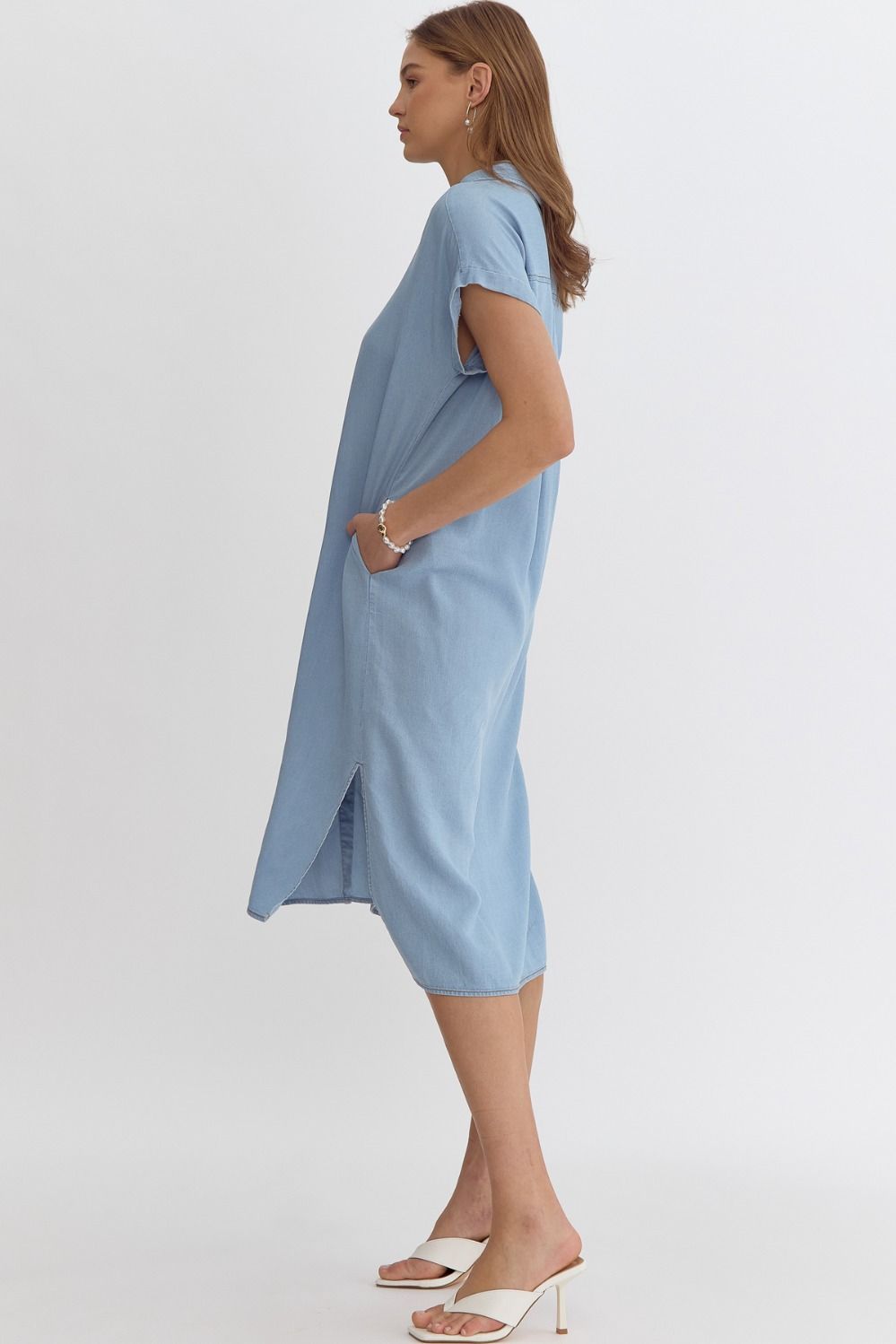 COLLARED BUTTON-UP MIDI DRESS W/ SIDE SLITS - DENIM