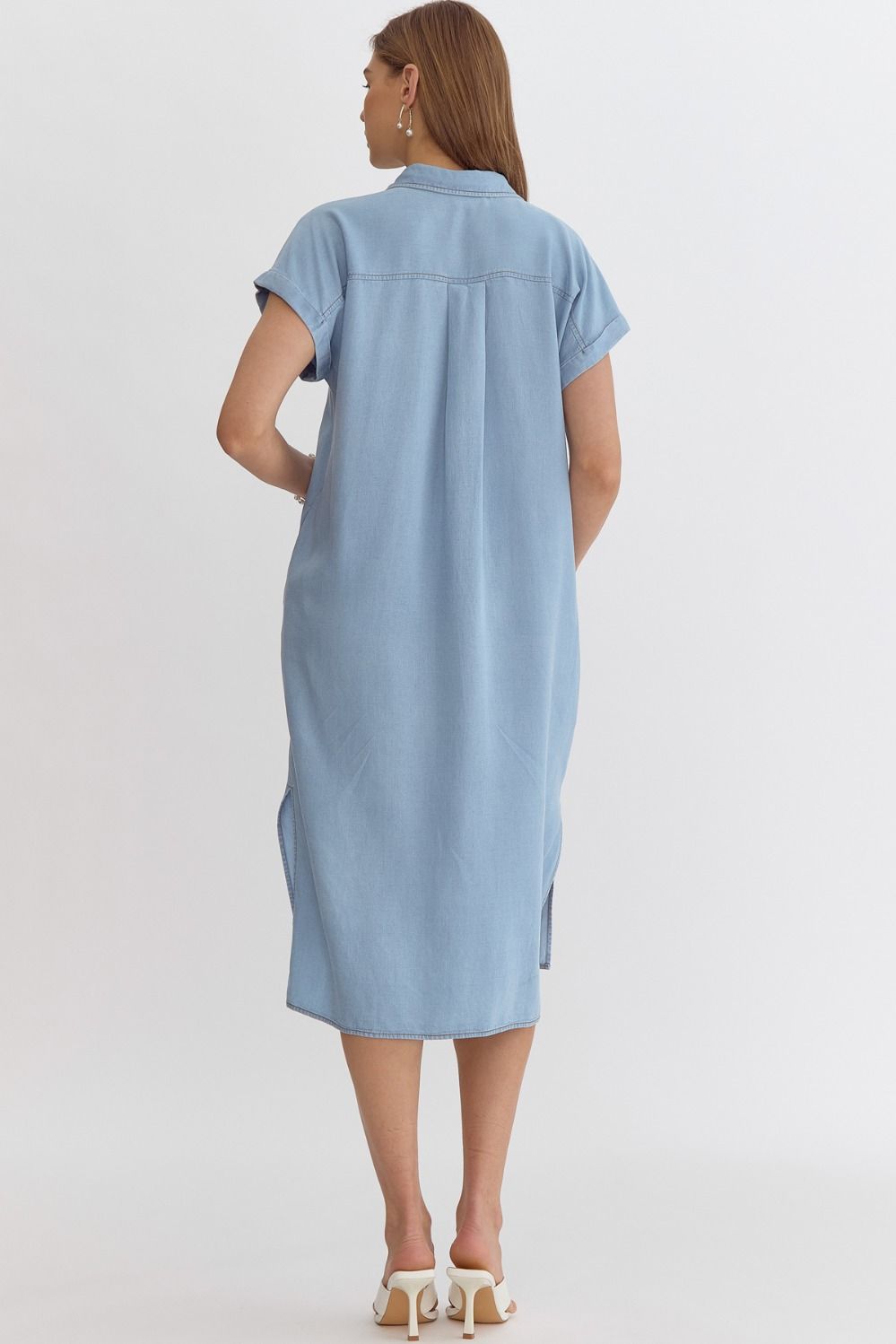 COLLARED BUTTON-UP MIDI DRESS W/ SIDE SLITS - DENIM