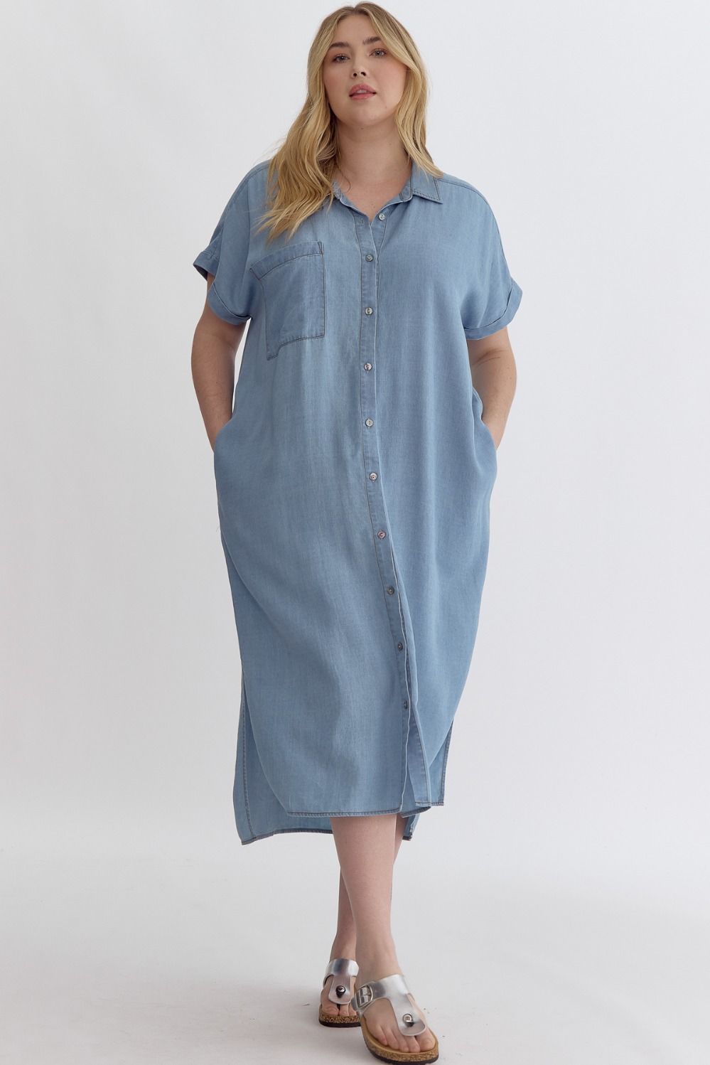 COLLARED BUTTON-UP MIDI DRESS W/ SIDE SLITS - DENIM