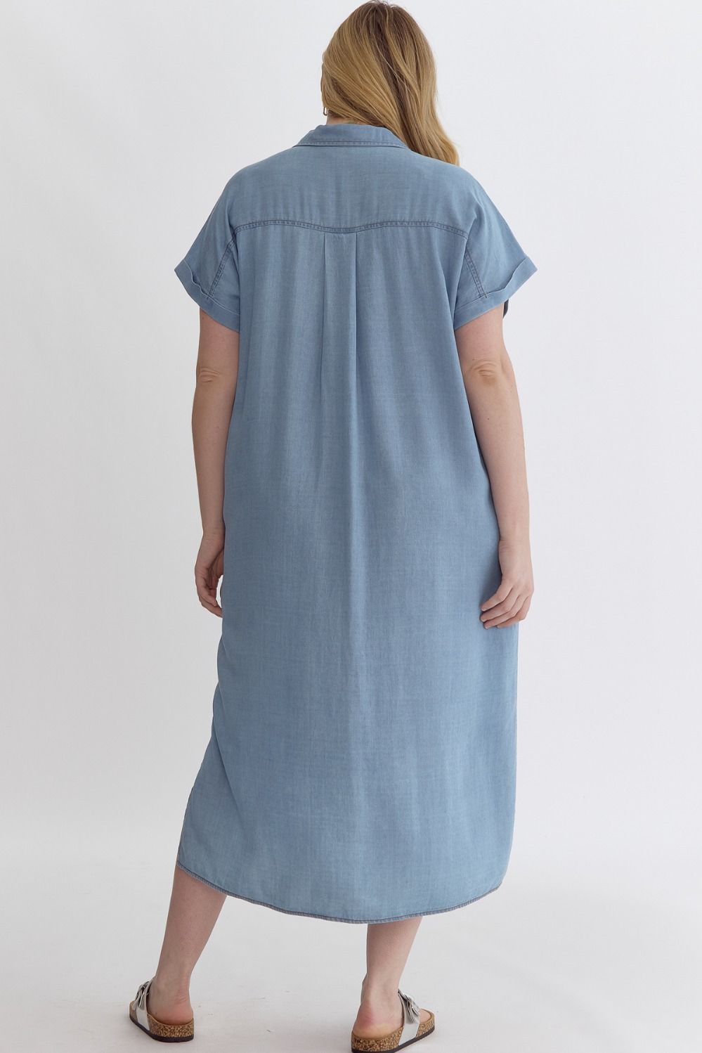 COLLARED BUTTON-UP MIDI DRESS W/ SIDE SLITS - DENIM