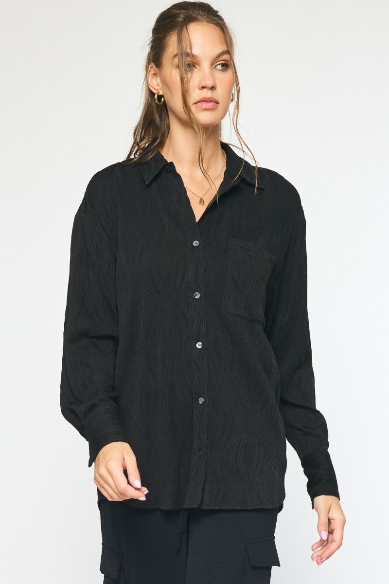 TEXTURED BUTTON UP LONG SLEEVE TOP