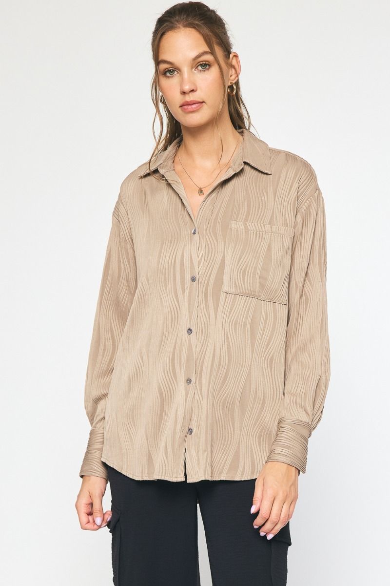 TEXTURED BUTTON UP LONG SLEEVE TOP