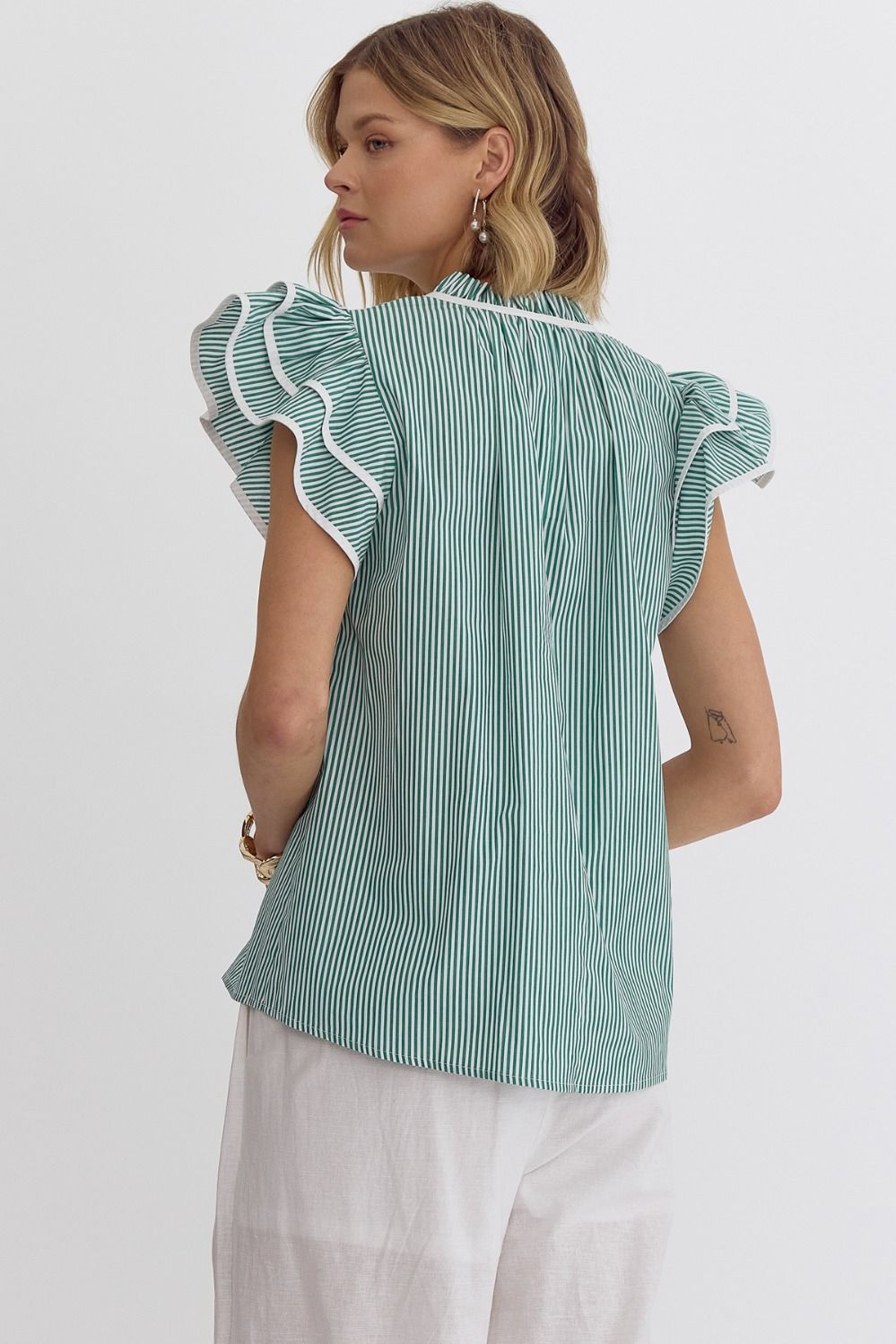 STRIPED VNECK TOP W/ RUFFLED SLEEVES AND TIE NECKLINE
