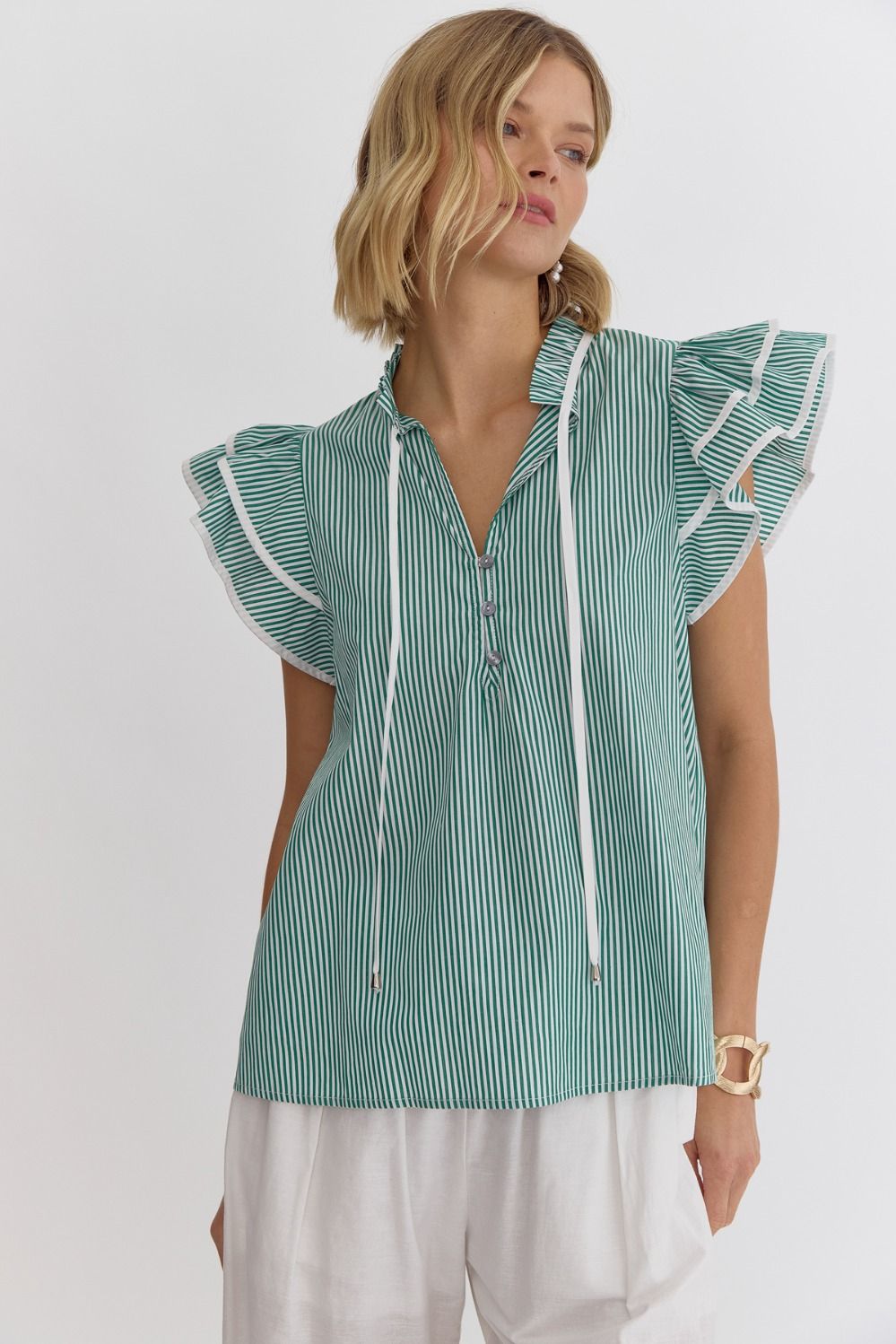 STRIPED VNECK TOP W/ RUFFLED SLEEVES AND TIE NECKLINE