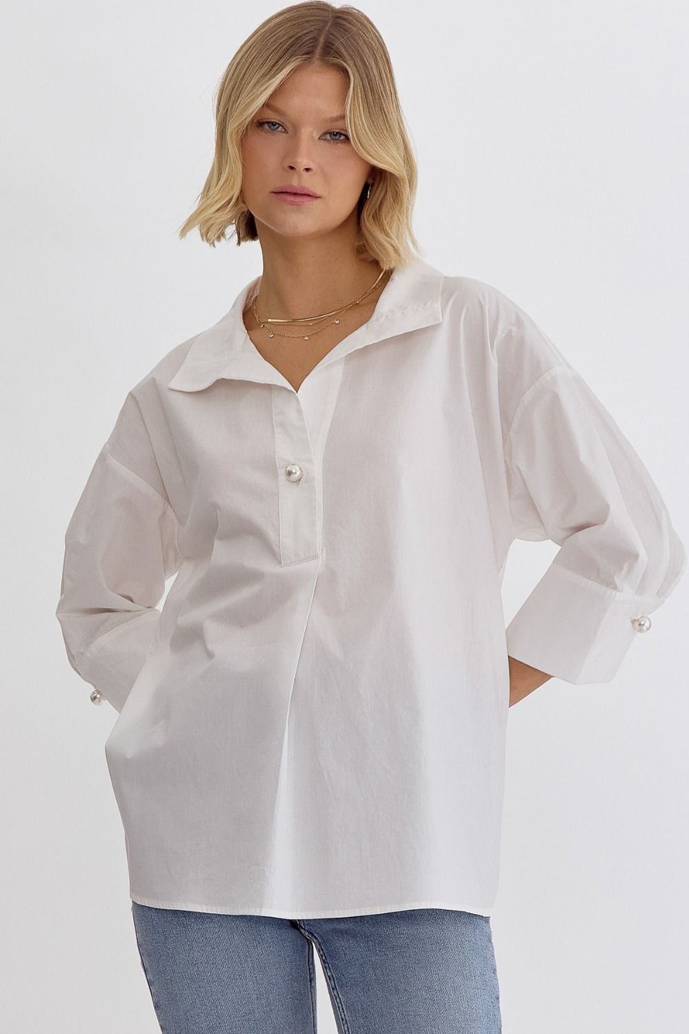 COLLARED 3/4 SLEEVE TOP W/ PEARL BUTTON CLOSURE - WHITE