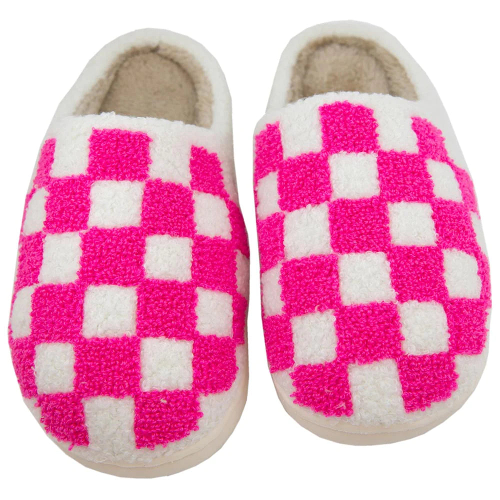 HOT PINK CHECKERED PATTERN SLIPPERS - WHITE