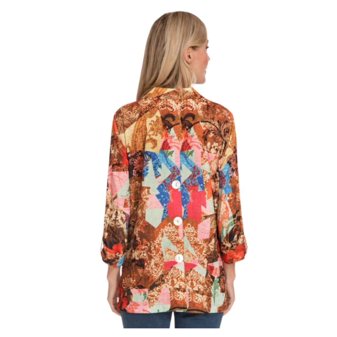 PRINTED BUTTON DOWN TUNIC W/ 3/4 LENGTH SLEEVES - ABSTRACT MULTI