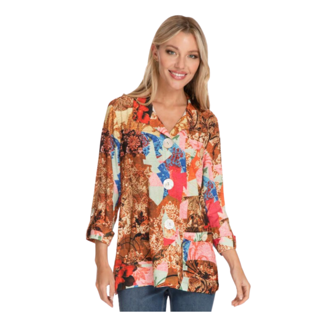 PRINTED BUTTON DOWN TUNIC W/ 3/4 LENGTH SLEEVES - ABSTRACT MULTI