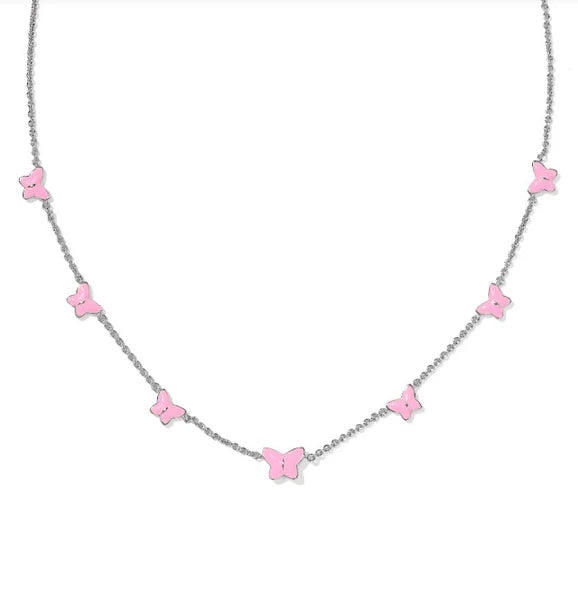 LILLIA BUTTERFLY ENAMEL STRAND NECKLACE - SILVER/PINK ENAMEL