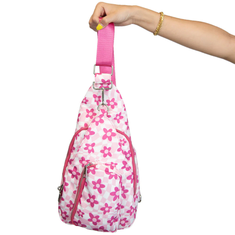 PINK FLOWER W/GROOVY CHECKERED PATTERN SLING BAG