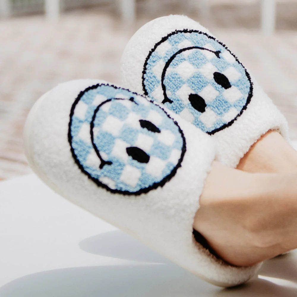 LIGHT BLUE CHECKERED HAPPY FACE SLIPPERS - WHITE