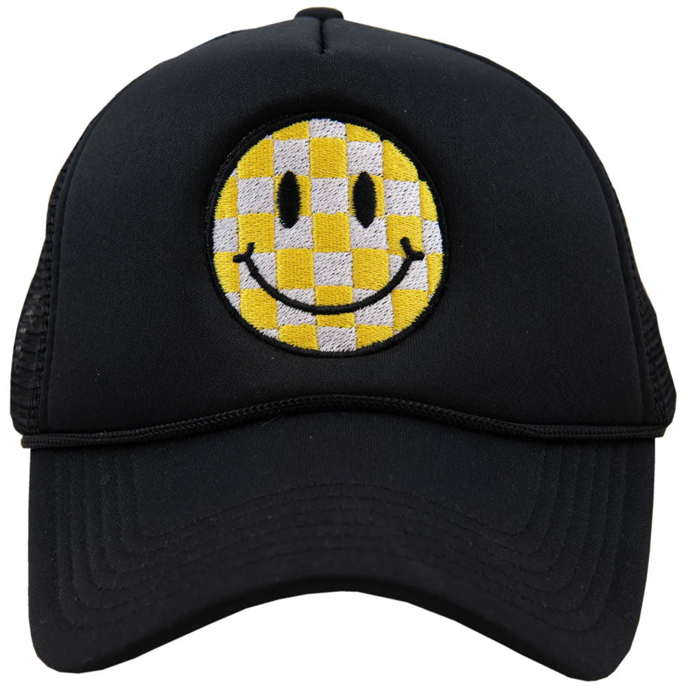 YELLOW CHECKERED HAPPY FACE FOAM TRUCKER HAT - BLACK
