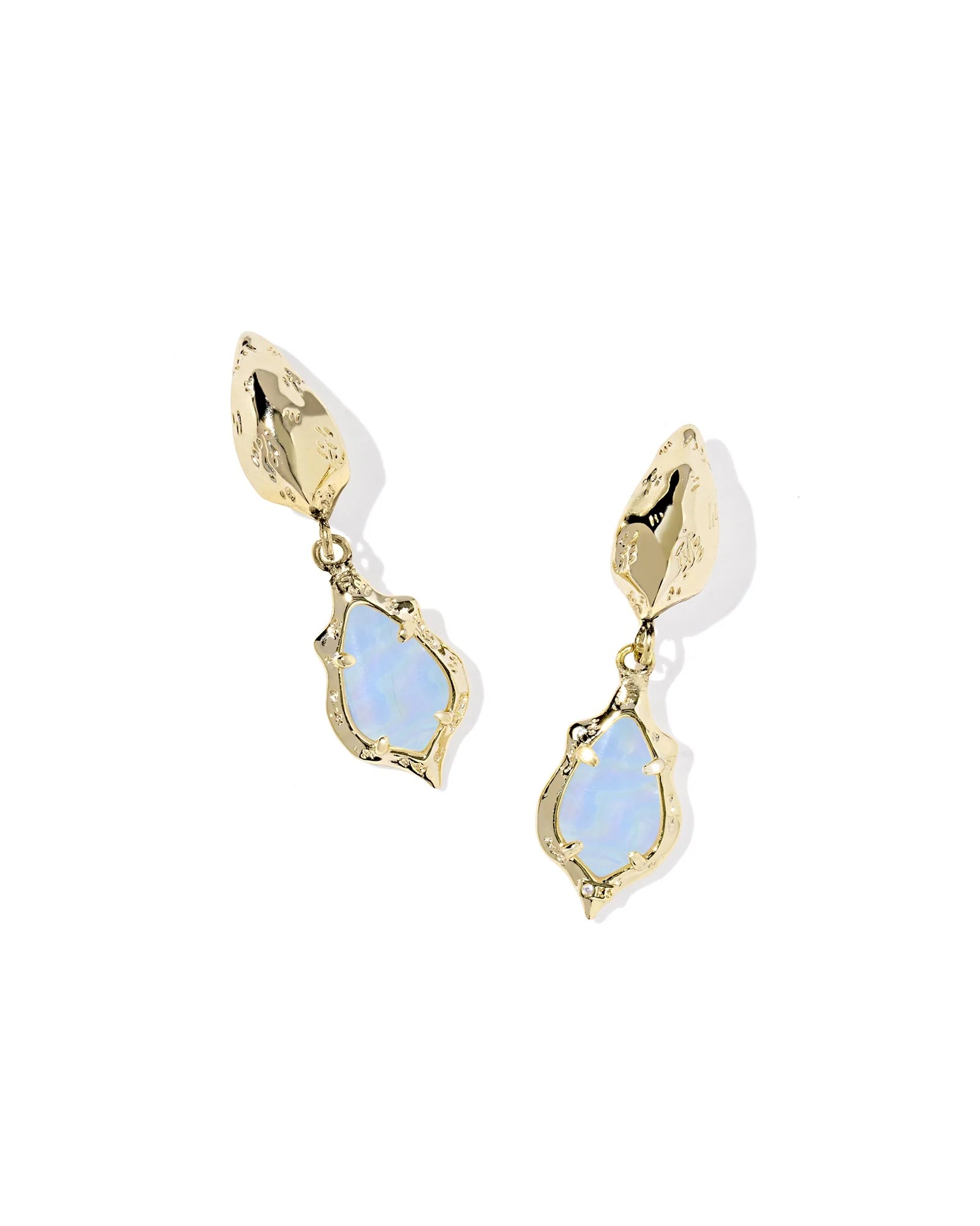 ADRIANA SCALLOP FRAME HUGGIE EARRINGS GOLD SKY BLUE IRID ABALONE